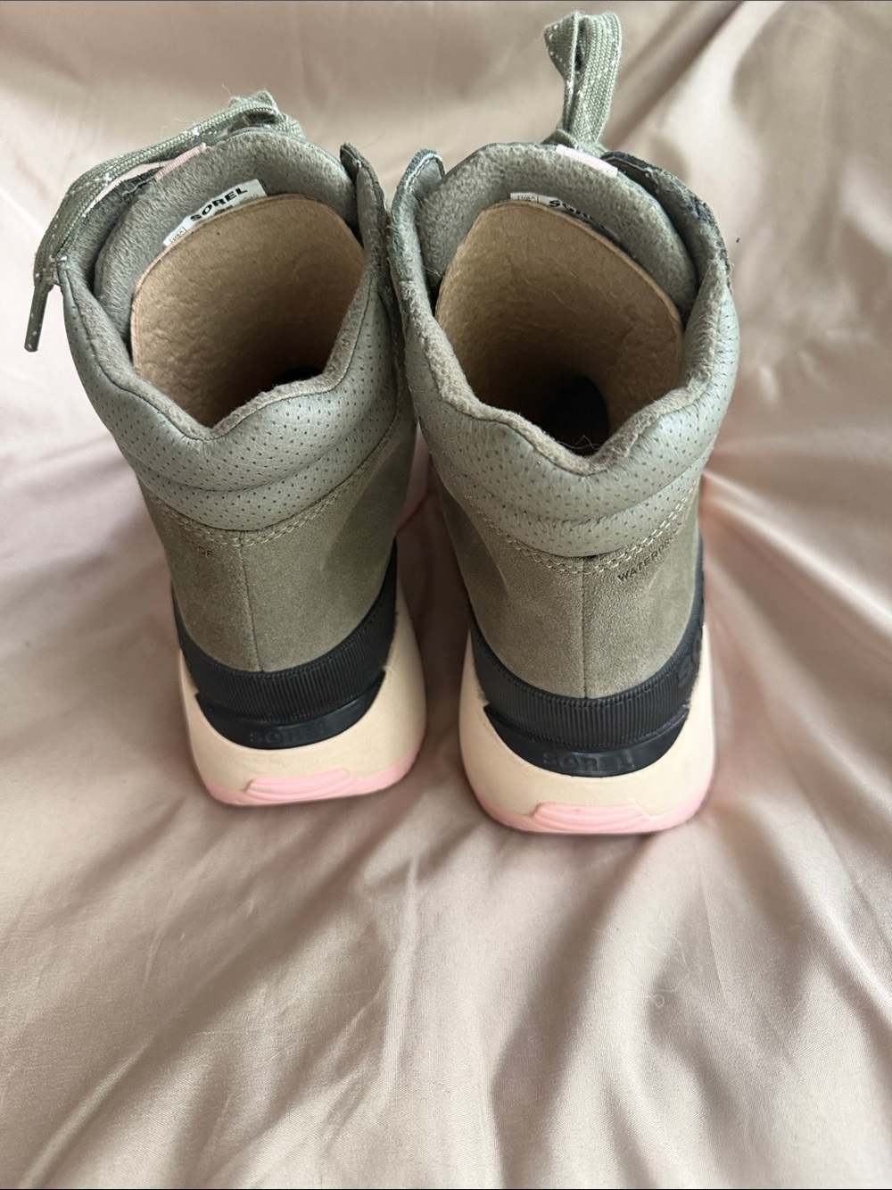 Sorel Olive Green Suede Lace-Up Boots with Pink Accents - Picture 3 of 6